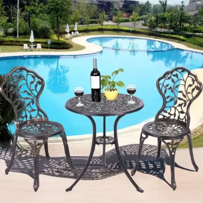 3 ks starožitný litý hliníkový bistro set balkonová souprava sedací skupina zahradní stůl se 2 židlemi černý