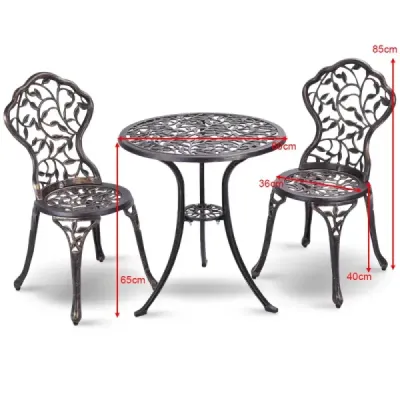 3 ks starožitný litý hliníkový bistro set balkonová souprava sedací skupina zahradní stůl se 2 židlemi černý
