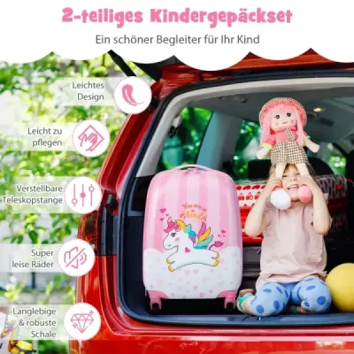 Sada kufrů 2 ks jednorožec 16'' dětský kufr + 12'' batoh růžová