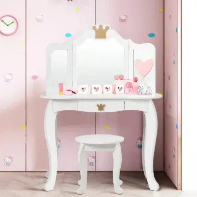 2 v 1 toaletní stolek sada dětský toaletní stolek dívčí toaletní stolek dřevěný zrcadlový stůl bílý 80x42x105cm