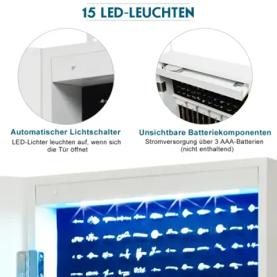 Šperkovnice s 15 LED světly, zrcadlem po celé délce a montáží na dveře/stěnu v bílé barvě