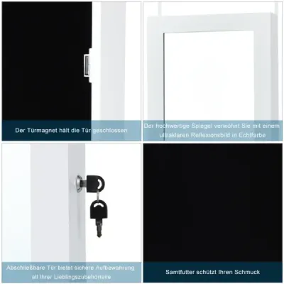 Šperkovnice s 15 LED světly, zrcadlem po celé délce a montáží na dveře/stěnu v bílé barvě
