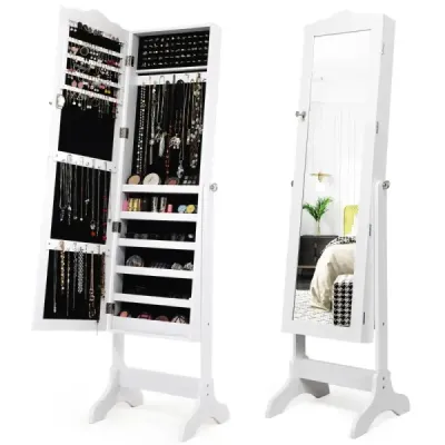 Uzamykatelná skříňka na šperky Stojanový design s nastavitelným úhlem se zrcadlem po celé délce 45 x 37 x 160 cm Bílá