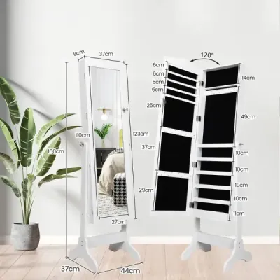 Uzamykatelná skříňka na šperky Stojanový design s nastavitelným úhlem se zrcadlem po celé délce 45 x 37 x 160 cm Bílá
