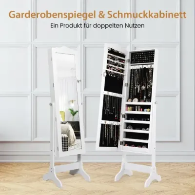 Uzamykatelná skříňka na šperky Stojanový design s nastavitelným úhlem se zrcadlem po celé délce 45 x 37 x 160 cm Bílá