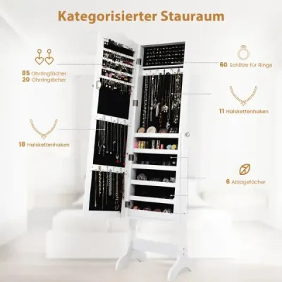 Uzamykatelná skříňka na šperky Stojanový design s nastavitelným úhlem se zrcadlem po celé délce 45 x 37 x 160 cm Bílá