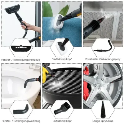 Ruční parní čistič 9-dílná sada příslušenství a bezpečný design Čištění párou Žlutá