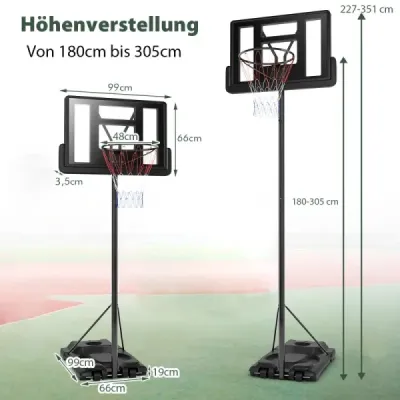Basketbalový stojan 180-305 cm výškově nastavitelný basketbalový koš se stojanem a 2 kolečky pro děti