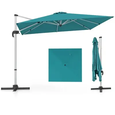 Slunečník s křížovou základnou a 360° rotací pro zahradu a bazény 300 x 300 cm Modrá