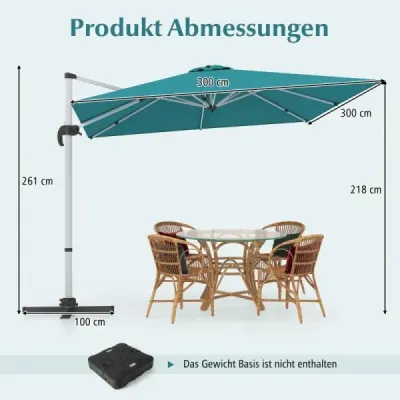 Slunečník s křížovou základnou a 360° rotací pro zahradu a bazény 300 x 300 cm Modrá