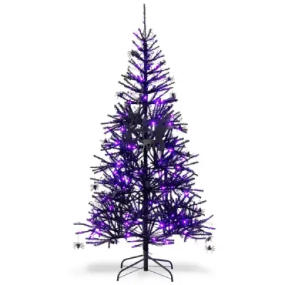 183 cm vysoký umělý halloweenský stromek Sváteční stromek s LED světly a dekoracemi černý