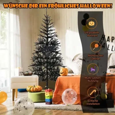 183 cm vysoký umělý halloweenský stromek Sváteční stromek s LED světly a dekoracemi černý