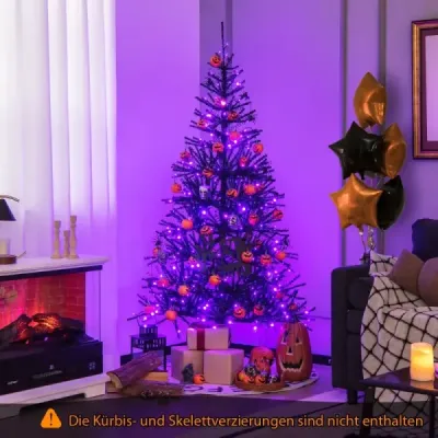 183 cm vysoký umělý halloweenský stromek Sváteční stromek s LED světly a dekoracemi černý