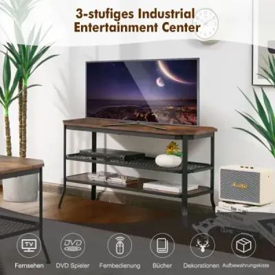 3-úrovňový dřevěný průmyslový TV stojan s ocelovým rámem 100 x 40 x 55,5 cm Rustikální hnědá + černá