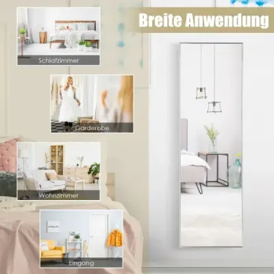 Nástěnné zrcadlo stříbrné 37 x 120 cm po celé délce s výškově nastavitelnými háčky na zavěšení