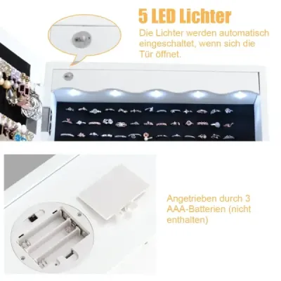 Skříňka na šperky s LED Uzamykatelná nástěnná/dveřová skříňka na šperky se zrcadlem a 6 zásuvkami Bílá