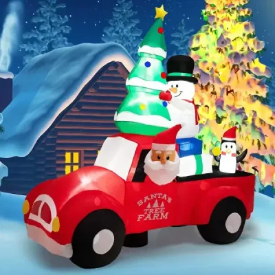 220 cm dlouhé nafukovací vánoční nákladní automobil s barevnou vánoční dekorací Santa Clause