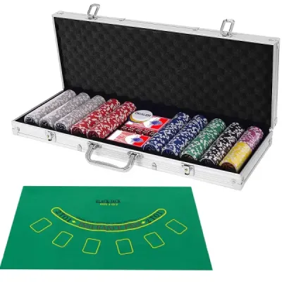 500dílná pokerová souprava s žetony & hracími kartami & kostkami & žetony dealera & stříbrným ubrusem