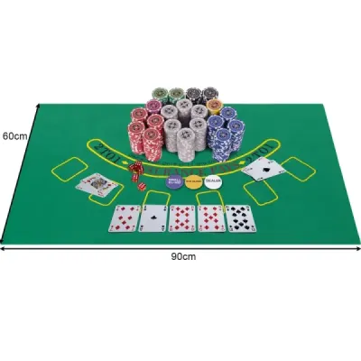 500dílná pokerová souprava s žetony & hracími kartami & kostkami & žetony dealera & stříbrným ubrusem
