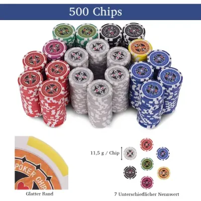 500dílná pokerová souprava s žetony & hracími kartami & kostkami & žetony dealera & stříbrným ubrusem