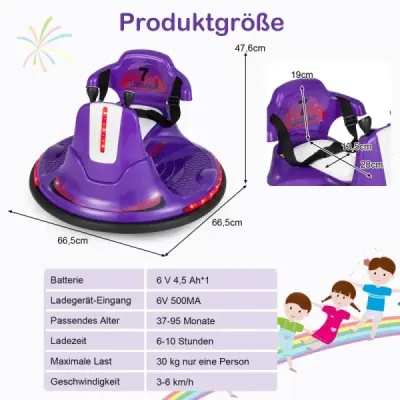 6V dětské odrážedlo s otáčením o 360 stupňů s hudbou a barevnými LED světly fialová