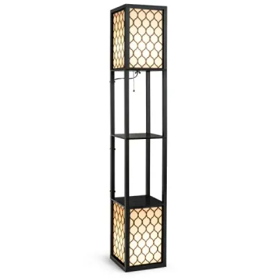 Stojící lampa s policí Volně stojící dvojitá lampa s dřevěnou policí a bílým stínítkem 26 x 26 x 156 cm
