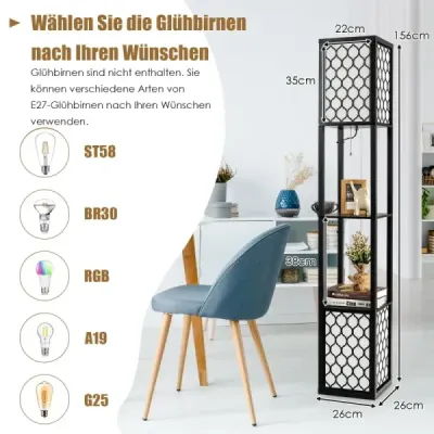 Stojící lampa s policí Volně stojící dvojitá lampa s dřevěnou policí a bílým stínítkem 26 x 26 x 156 cm