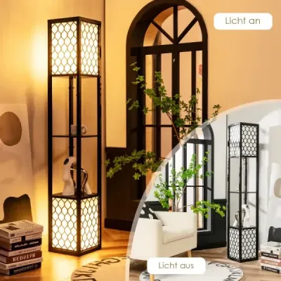 Stojící lampa s policí Volně stojící dvojitá lampa s dřevěnou policí a bílým stínítkem 26 x 26 x 156 cm