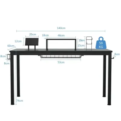 Herní stůl 140 cm herní stůl s policí na monitor 155 x 60 x 94 cm černý