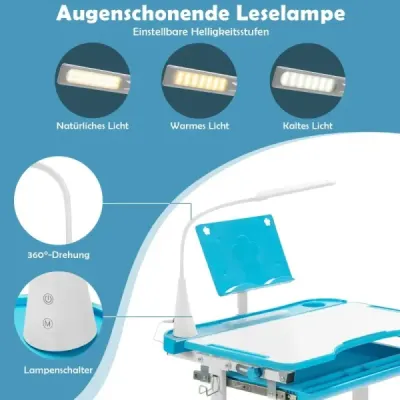 Dětský psací stůl Dětský psací stůl se stojanem na knihy a LED světlem pro chlapce a dívky Modrá