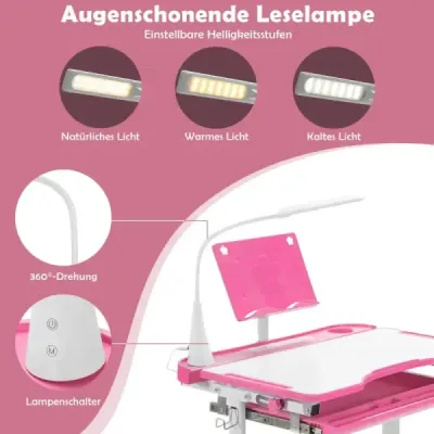Dětský psací stůl Dětský psací stůl se stojanem na knihy a LED světlem pro chlapce a dívky Růžová