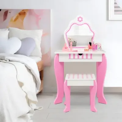 Sada toaletního stolku a taburetky pro děti se zrcadlem a šuplíkem 49 x 34 x 86,5 cm růžová