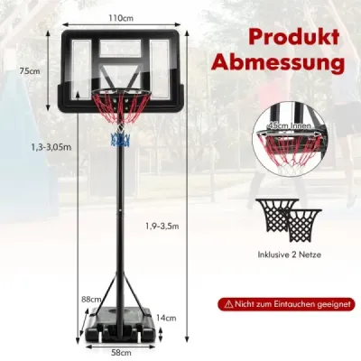 130 cm - 305 cm Výškově nastavitelný basketbalový koš Stojan na koš odolný vůči povětrnostním vlivům Černý