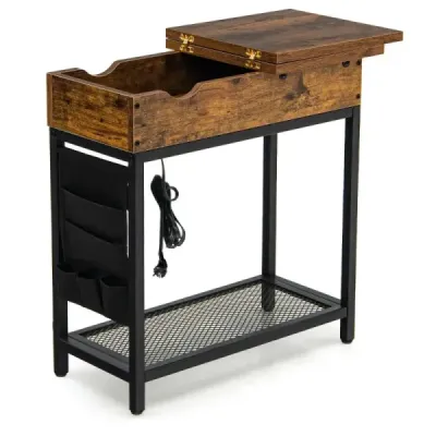 Boční stolek s nabíjecí stanicí Úzký konferenční stolek 60 x 30 x 58,5 cm Hnědý