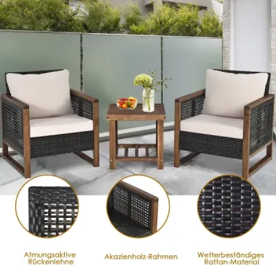 Sada 3 ratanových zahradních nábytků Polyrattan Lounge Set s omyvatelnými polštáři na sezení Venkovní sedací souprava