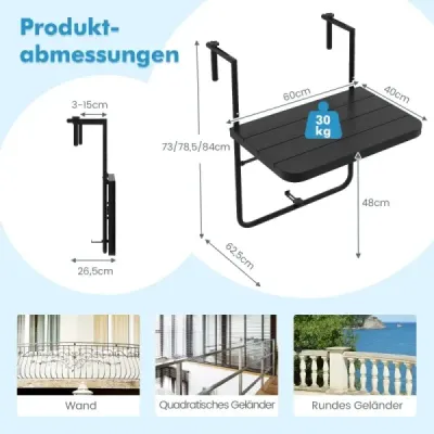 Skládací stůl se zábradlím Závěsný stůl pro vnitřní a venkovní použití Black