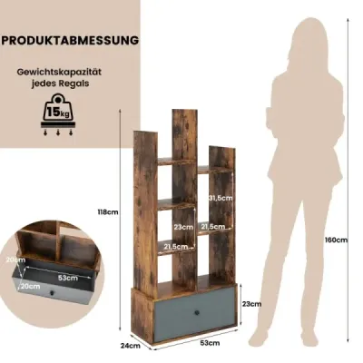 7-patrová otevřená knihovna se zásuvkou 53 x 24 x 118 cm hnědá