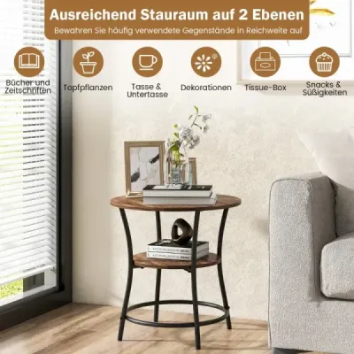 2-úrovňový noční stolek Kulatý noční stolek s kovovým rámem Vintage 55 x 55 x 56 cm