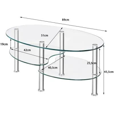 3-úrovňový skleněný stůl s moderním oválným designem Tříúrovňová police Transparent