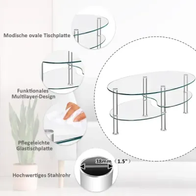 3-úrovňový skleněný stůl s moderním oválným designem Tříúrovňová police Transparent