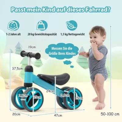 4-kolové balanční kolo bez pedálů pro děti od 1 do 2 let Modrý