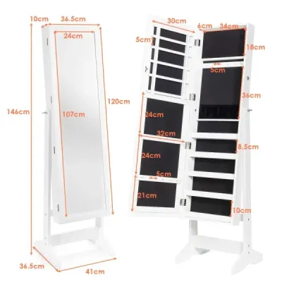 Skříňka na šperky se zrcadlem po celé délce Stojan na šperky 41 x 36,5 x 146 cm Bílá