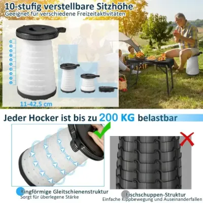 Přenosný skládací stůl se 2 teleskopickými židlemi LED Kempingový stůl a výškově nastavitelná židle s nosností do 200 kg