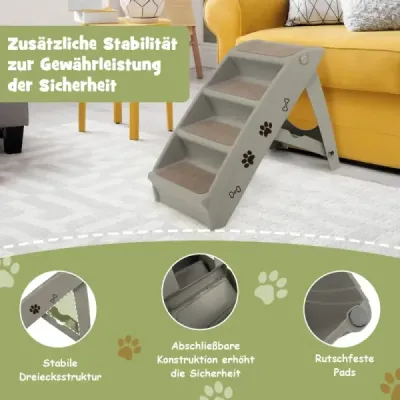Schody pro domácí mazlíčky se 4 schůdky Přenosný lezecký žebřík Bezpečná rampa pro psy 62,5 x 38 x 49 cm Šedá