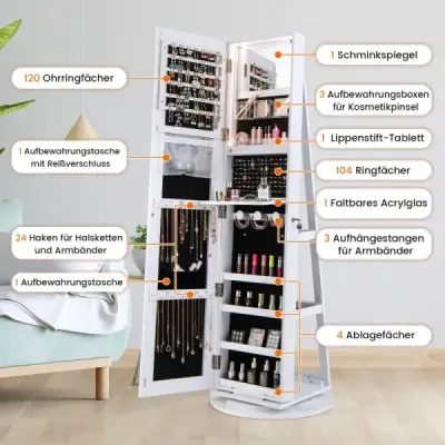 360° otočná skříňka na šperky s tříbarevnými LED světly Volně stojící zrcadlová skříňka Bílá