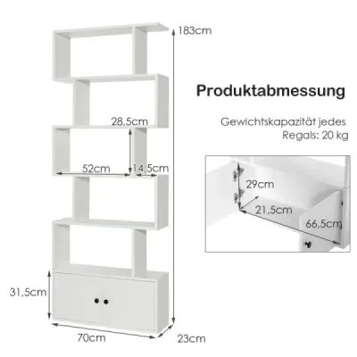 Stojací regál s dvířky 183 x 70 x 23 cm Rozdělovač pokojů Regál s 5 úrovněmi Bílý
