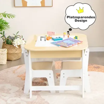 Dětský stůl se 2 židlemi 3-dílná dětská sedací skupina dřevo s oboustrannou stolovou deskou