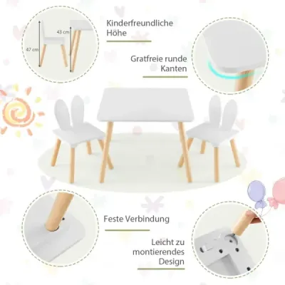Dětský stolek se 2 židlemi 3 kusy. Dětská sedací souprava s nohama z masivního dřeva a opěradlem zaječí ouška