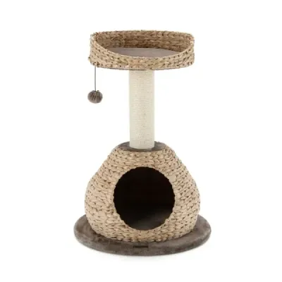 Small Cat Tree s jeskyní a přírodním sisálem a ručně vyrobeným košíkem ? 48 x 70,5 cm