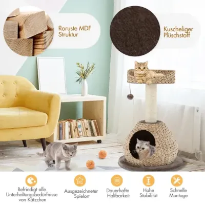 Small Cat Tree s jeskyní a přírodním sisálem a ručně vyrobeným košíkem ? 48 x 70,5 cm